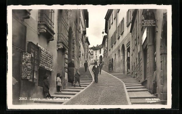 Cartoline postali: AK Lugano, Via Cattedrale, 1937 – Usato da Berlin venduto da bartko-reher