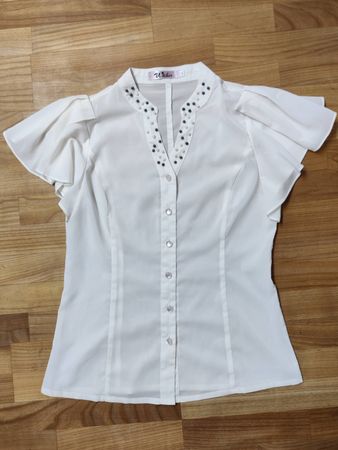 Elegante Damenbluse, weiss, Gr. S-M, mit Perlenverzierung