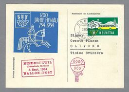1954, NIEDERUZWIL, BALLON-POST, (HENAU) ILLUSTR. POSTKARTE