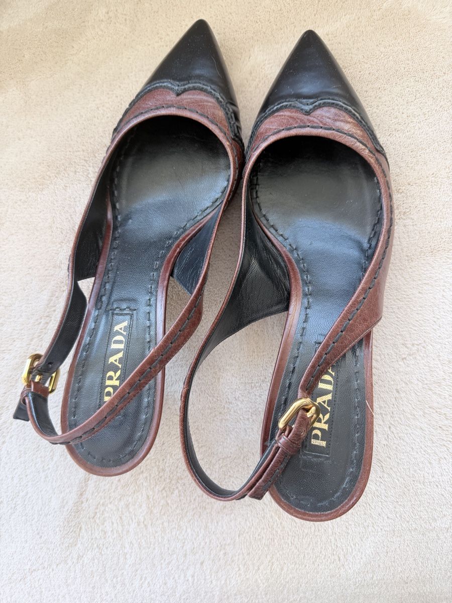 Scarpe da donna: Prada Slingback Pumps Size 40 Leather Brown Black Pointed To – Nuovo (secondo la descrizione) da Zollikon venduto da houseofsamar