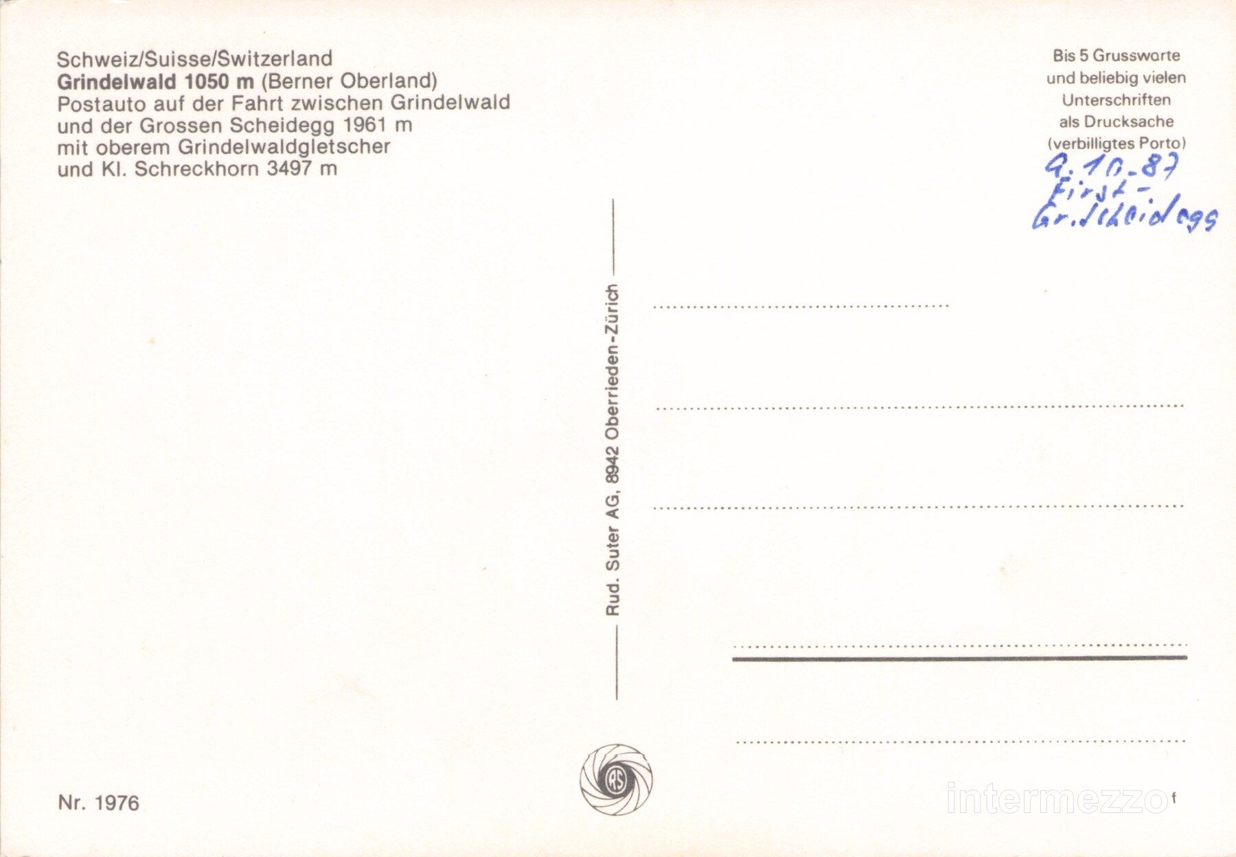 Cartoline postali: Postauto // 1987 Grindelwald PTT Grosse Scheidegg Gletscher – Usato da Basel venduto da intermezzo12 1