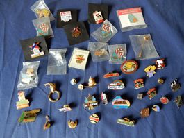 Pins Sammlung - Snuppi- Ballons, SBB, Le Matin, Olympia ..