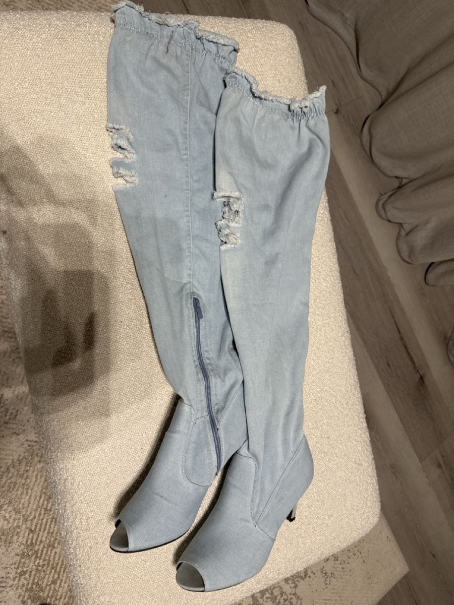 Scarpe da donna: Denim Thigh High Boots, Open Toe, Size 39, Spring Must! – Usato da Biel/Bienne venduto da TanyaM02