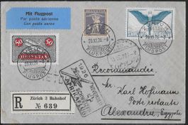 1926 Afrika Flug R-Brief Zürich-ALEXANDRIA + Retour ab 1.-