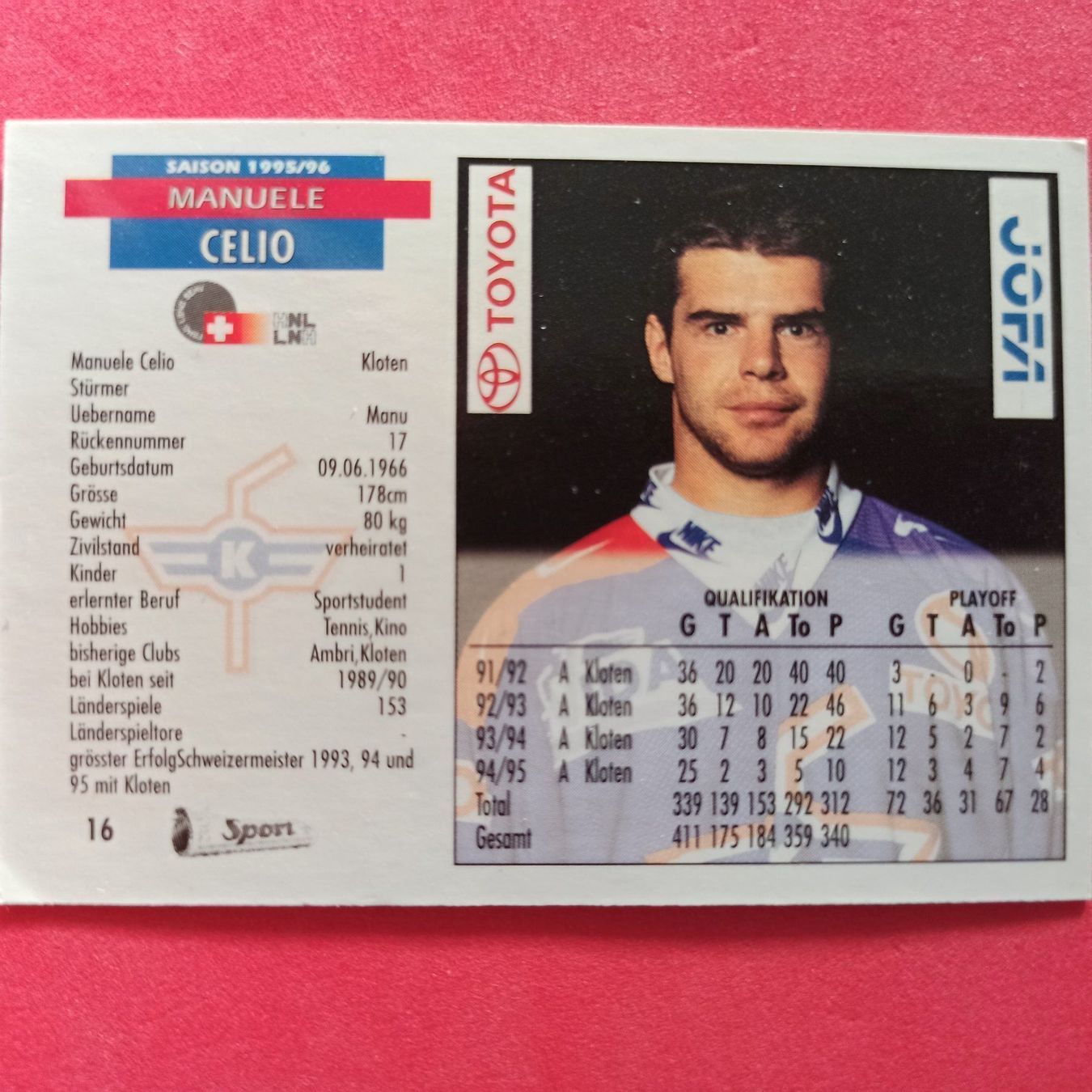Carte collezionabili: Manuele Celio - EHC KLOTEN - 1995/96 – Usato da Dübendorf venduto da kb86_MOVIE 1