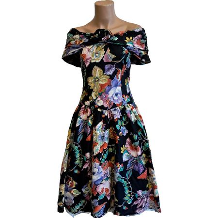 Blumenkleid mit Carmenkragen, Gr. M/L dehnbar bunt
