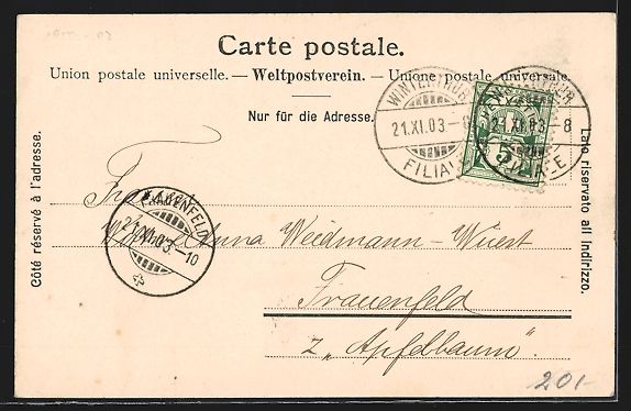 Cartoline postali: AK Winterthur, Kasernenstrasse, 1903 – Usato da Berlin venduto da bartko-reher 1