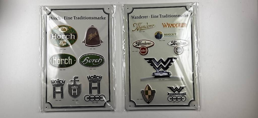 Schilder: 2 Blechschilder Horch und Wanderer originalverpackt – Neu und originalverpackt aus Langenthal von Schmittchen