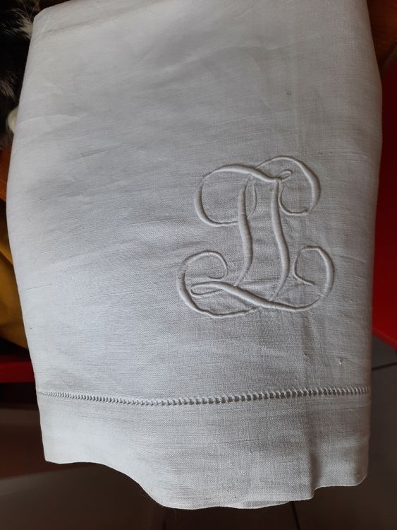 ANCIEN DRAP LIN Coton Brodé Initiale Js Linge Maison Vintage Déco EUR 59,90 - FR