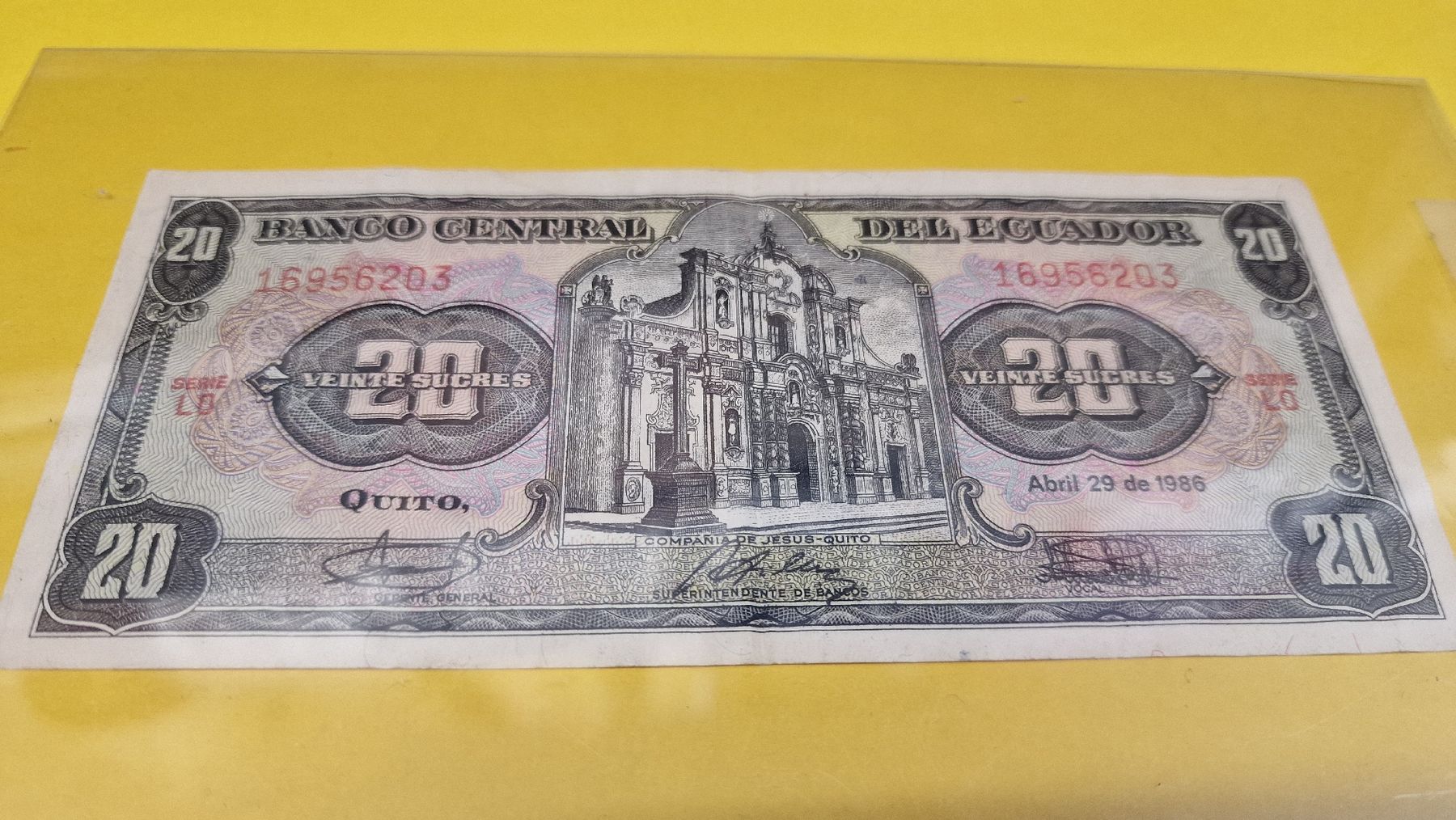 Banknoten: Ecuador 20 Sucres 1986 – Gebraucht aus Herisau von Antiques.AR