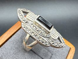 Vintage Art Déco Ring aus 925er Silber schwarzem Onyx, Gr.53