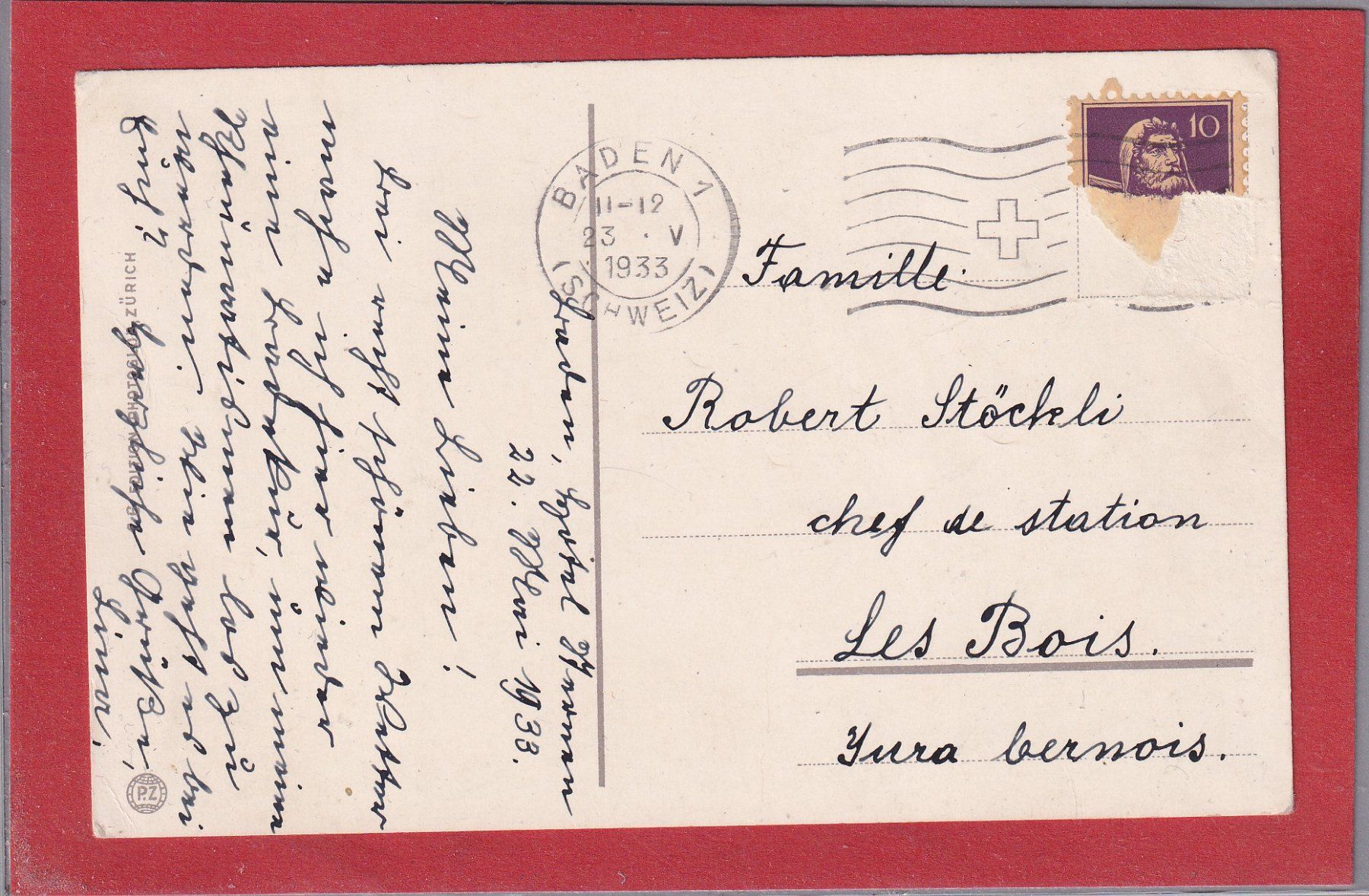 Ansichtskarten: Baden (AG) - 1933 – Gebraucht aus Orvin von Pyaeschli 1