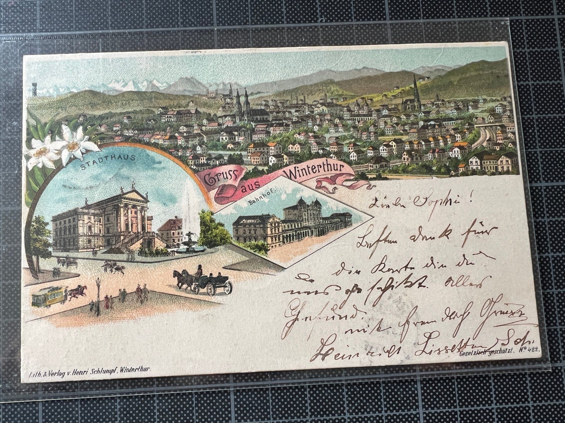 Cartoline postali: Gruss aus Winterthur - 3-Bild Litho, 1898 – Usato da Stäfa venduto da Hannahsita14