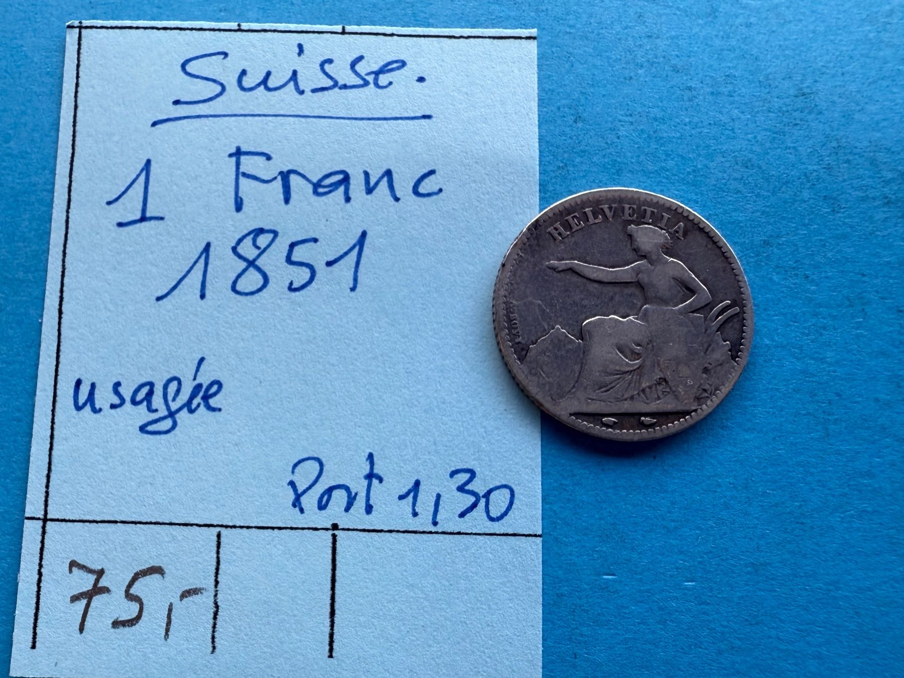 Tutti le monete: SUISSE : 1 FRANC 1851 – Usato da genève venduto da GEnumist