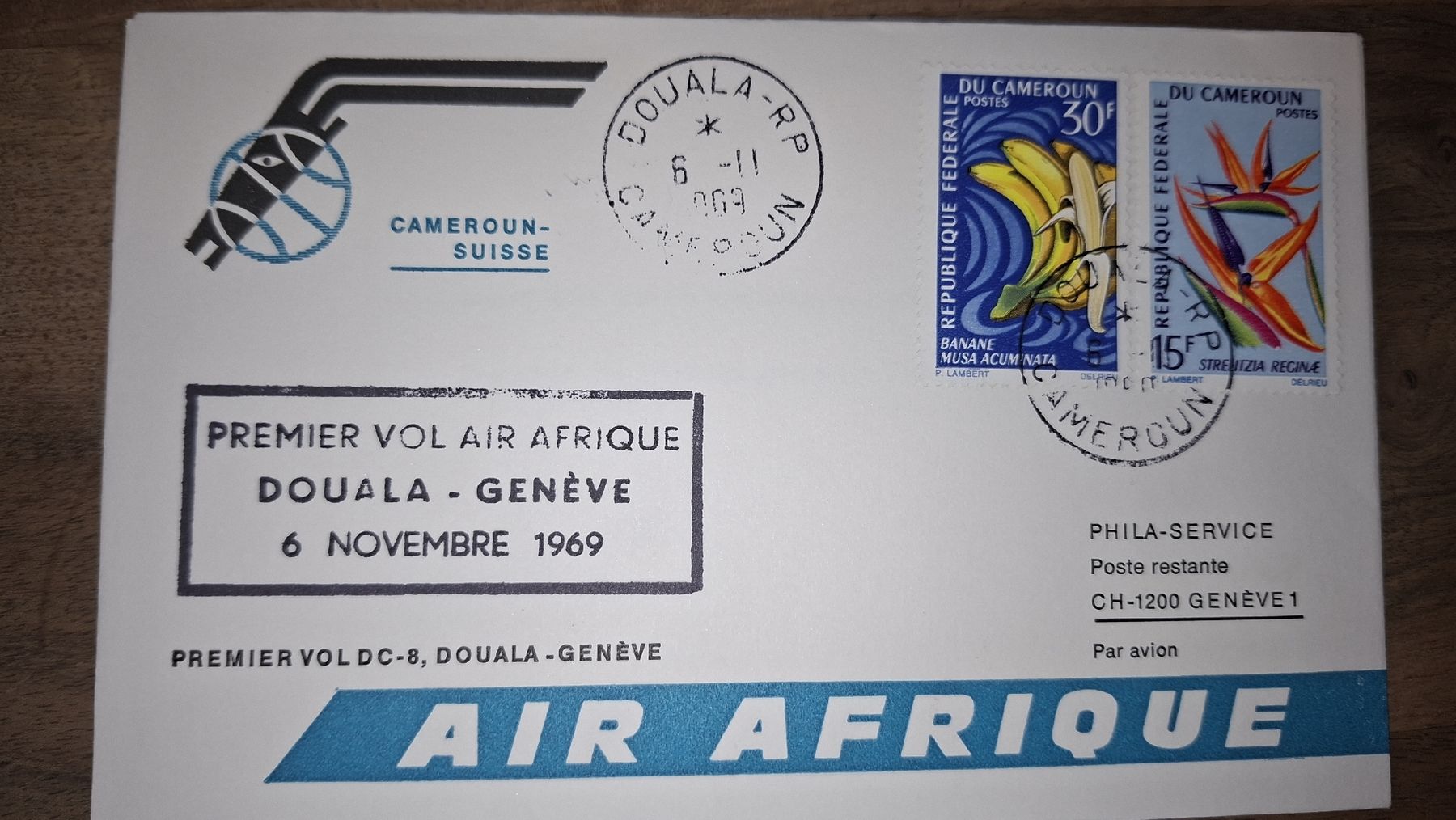 Tutti i francobolli: Air Afrique Douala - Geneve 06.11.1969 – Usato da Balgach venduto da SIMEON27