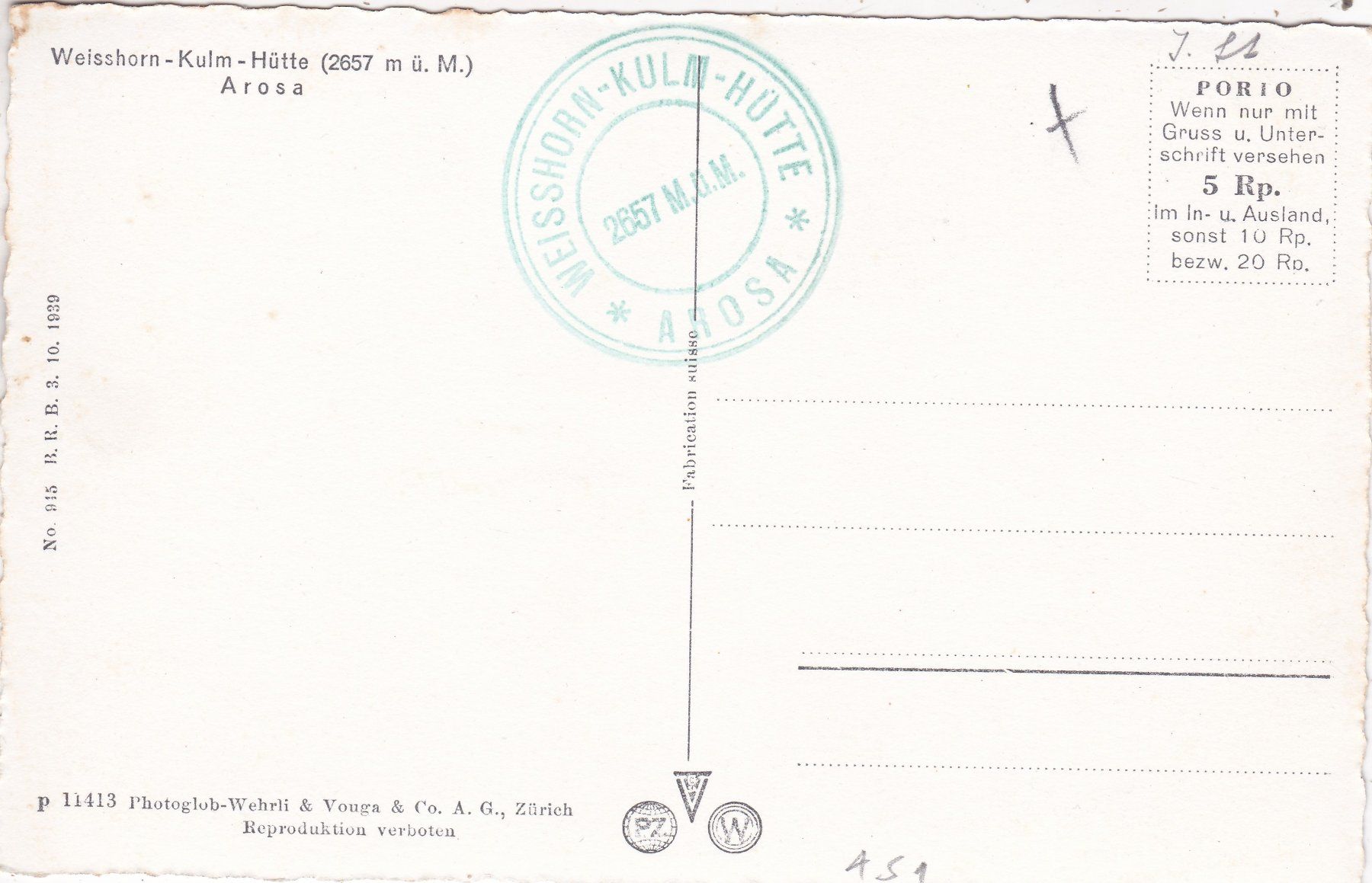 Cartoline postali: Arosa Weisshorn Kulm Hütte – Usato da Herisau venduto da Lisegrat2008 1