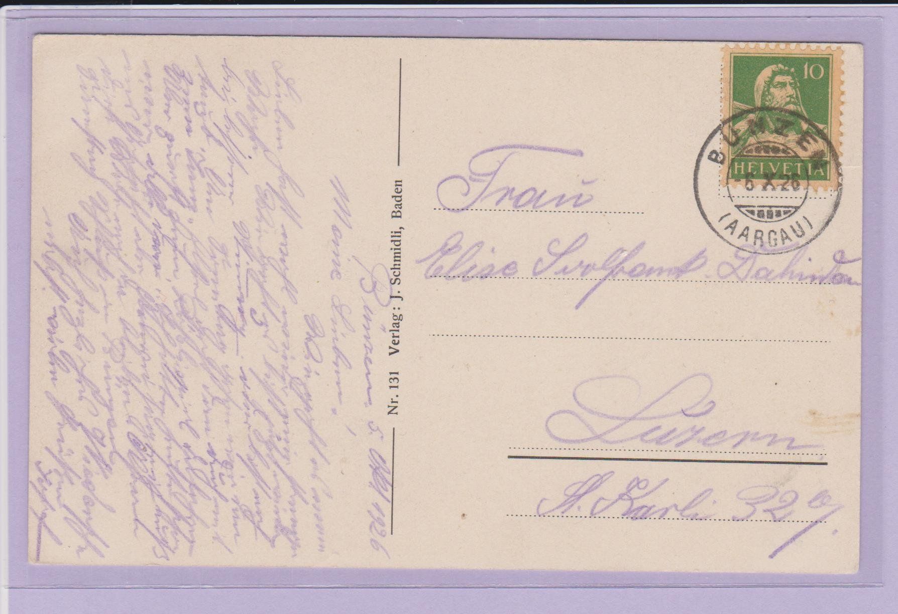 Cartoline postali: Bünzen  AG    :    alte Ansichtskarte von 1926 – Usato da Vitznau venduto da Ropaku 1