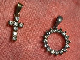2 feine Silber Anhänger, Kreuz & Kreis mit Zirkonen, 925S
