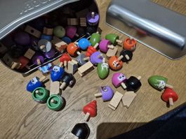 Collection of Wooden Spinning Tops with Tin Storage Box