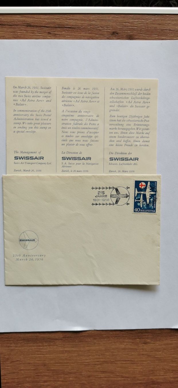 Tutti i francobolli: Swissair-Jubiläums-Brief 1956 – Usato da Aadorf venduto da Chnorli-Furz 3
