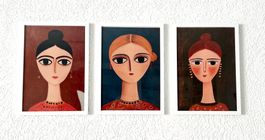 🟢 3x portraits naïfs encadrés / 3x Gerahmte naive Porträts