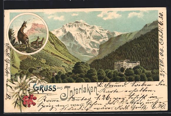 Cartoline postali: Lithographie Interlaken, Blick auf Berge – Usato da Berlin venduto da bartko-reher