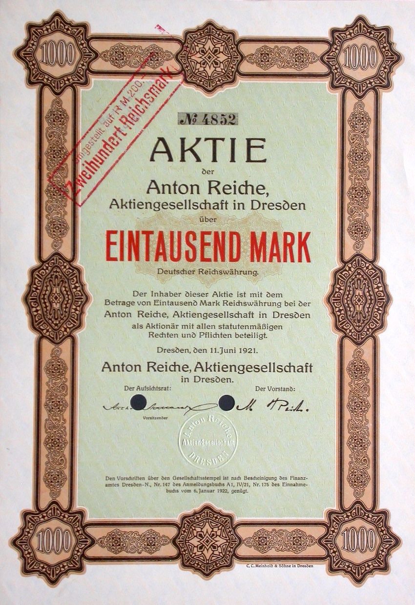 Documenti: Anton Reiche AG, Dresden - 1921 – Usato da Solothurn venduto da Sgasche