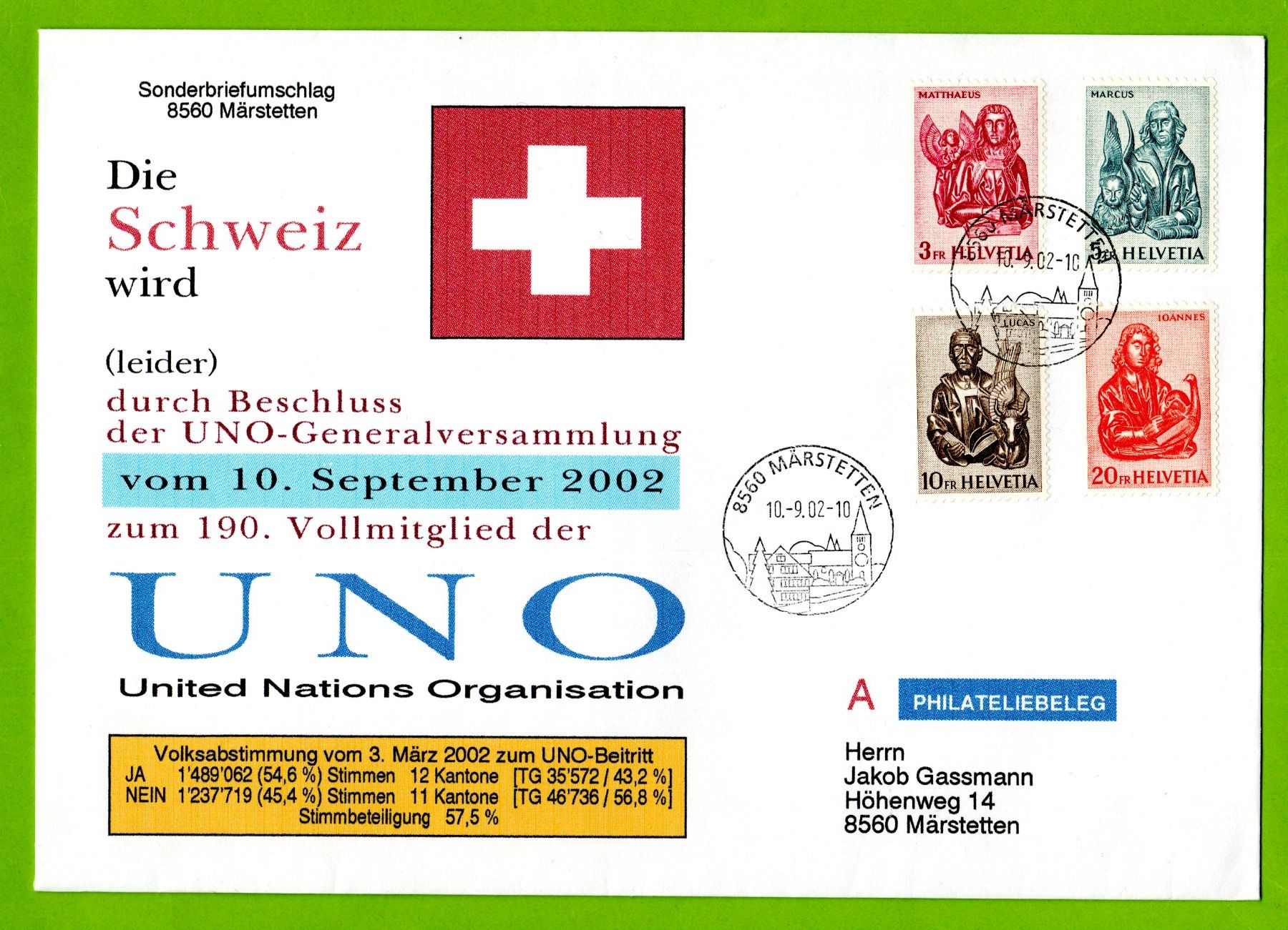 Tutti i francobolli: 1961/2002 die Schweiz wird UNO-Mitglied m. Evangelistensatz – Usato da Stein am Rhein venduto da Huehnerhund