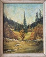 Huile sur panneau "paysage aux sapins" tableau jura paysage