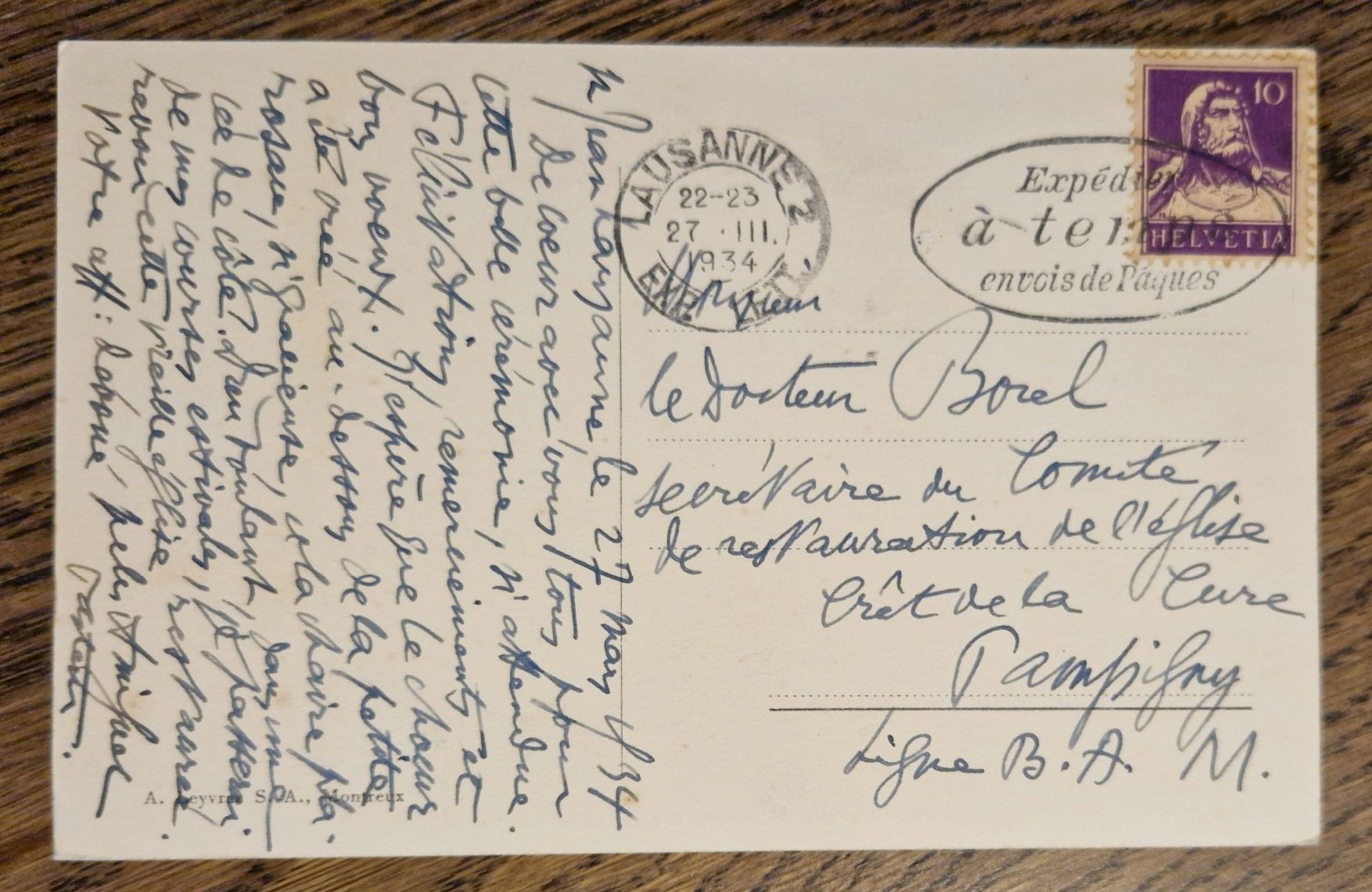 Cartoline postali: Eglise Cour 1934 à Dr. Borel, Com. restauration E à Pampigny – Usato da Ebikon venduto da Donar50 1