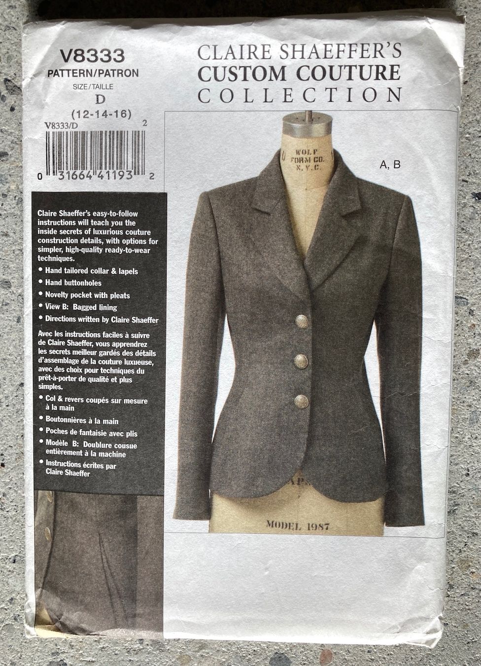 Patron couture VOGUE Blazer Claire Schaeffer (Neu und originalverpackt ...