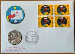 1999, Numisbrief 150 Jahre Post mit 20-Fr.-Silbermünze