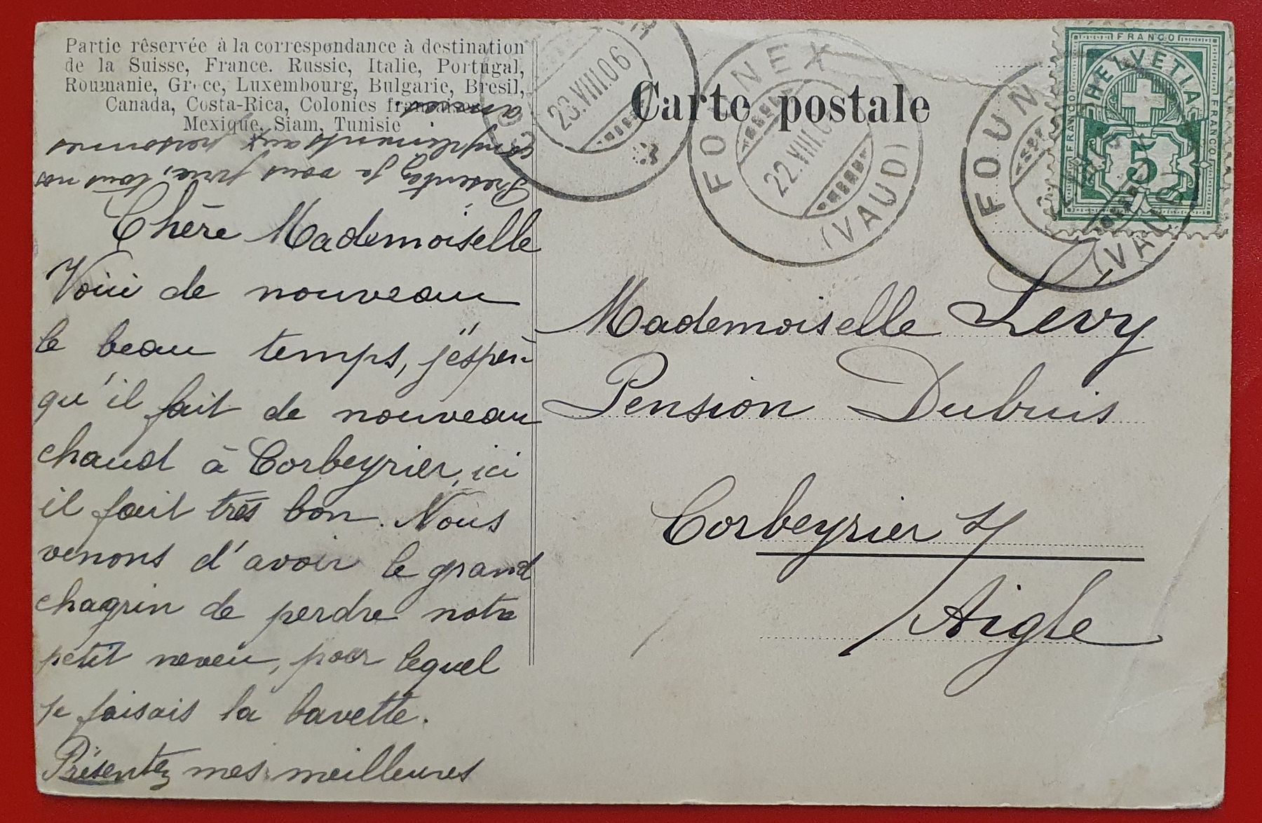 Ansichtskarten: FOUNEX 1906 -  Pension Etier – Gebraucht aus Kreuzlingen von Rschweiz1 1