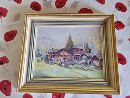 Gemälde Aquarell altes Dorf mit Rahmen signier...