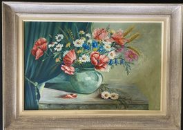 Gemälde Feldblumen Öl auf Pavatex signiert R. Kestli 1957