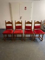 4er Set rustikale Stühle aus Massivholz - mit roten Polster
