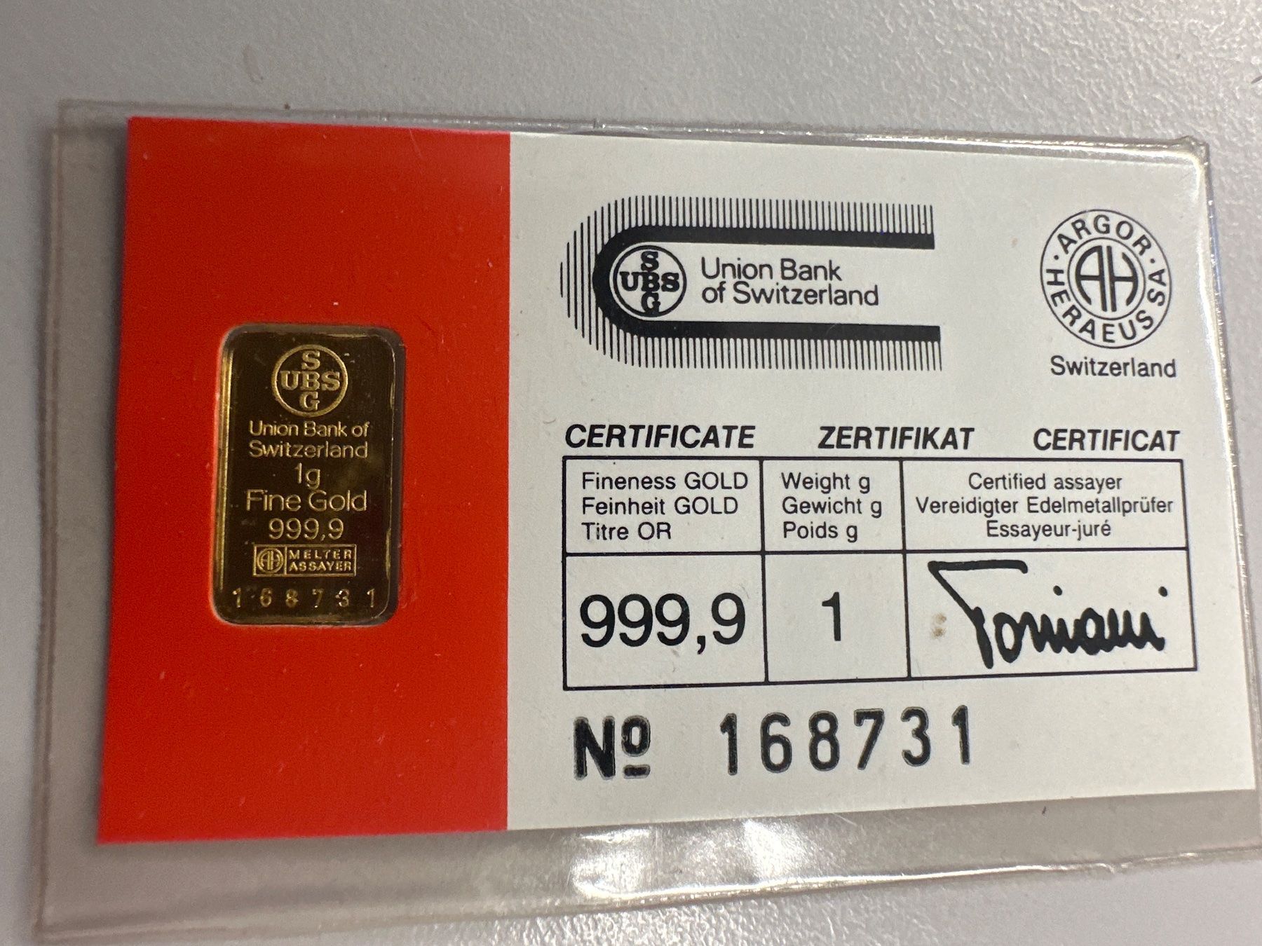 Metalli preziosi: 1g Goldbarren UBS – Nuovo e nell'imballaggio originale da Herisau venduto da herau