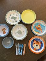 Kindergeschirr Set, Teller Schalen Besteck bunt
