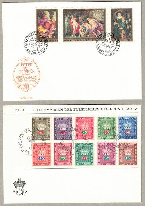 Alle Briefmarken: 2 FDC - Liechtenstein, Rubens Gemälde - Dienstmarken – Gebraucht aus Bonstetten von Pinguin75