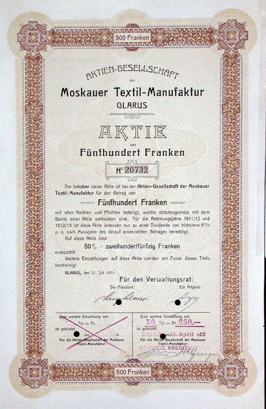 Dokumente: AG der Moskauer Textil-Manufaktur, Glarus - 1911 – Gebraucht aus Solothurn von Sgasche