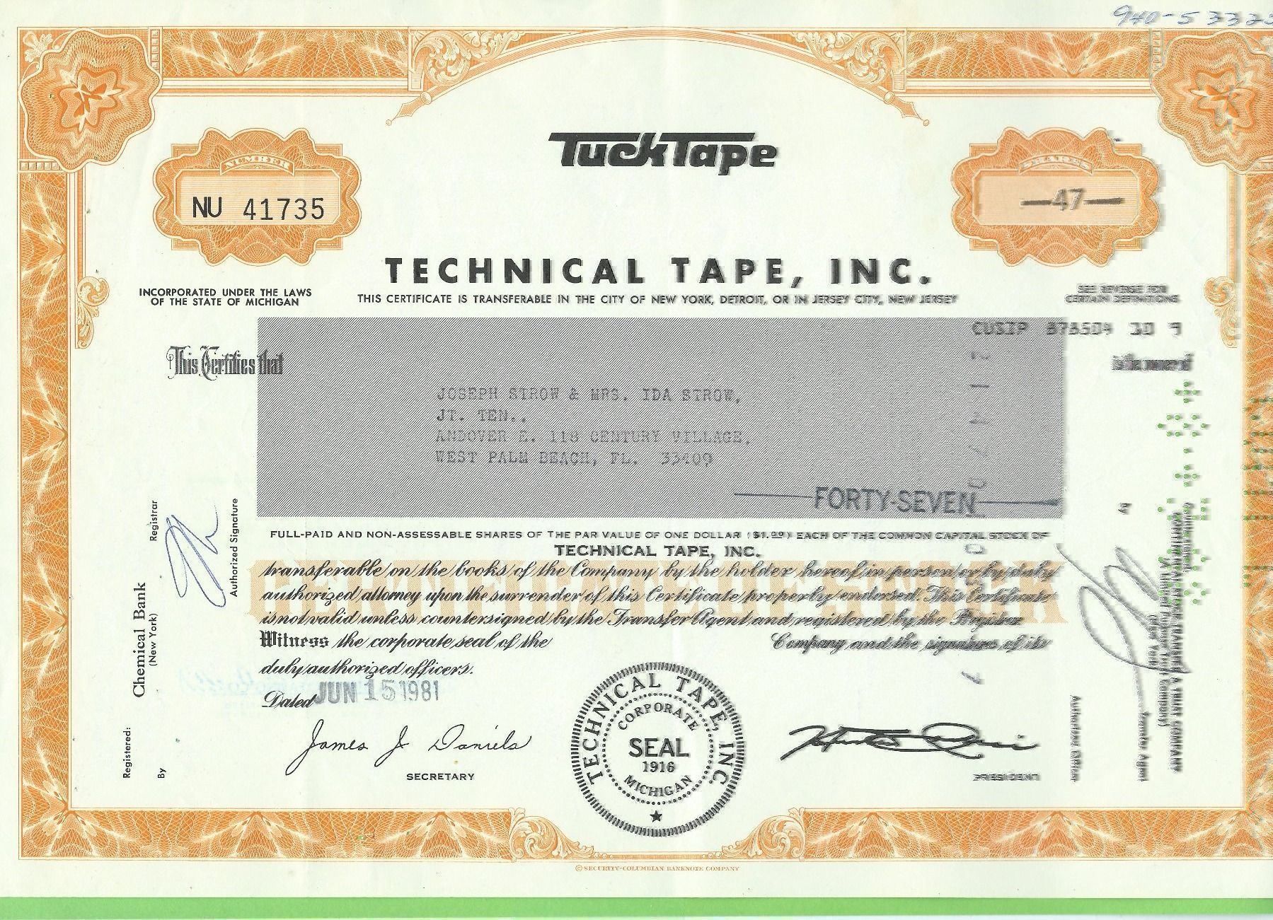 Toutes les monnaies: Technical Tape, Inc. 1981 – D'occasion à Zürich par t24_de