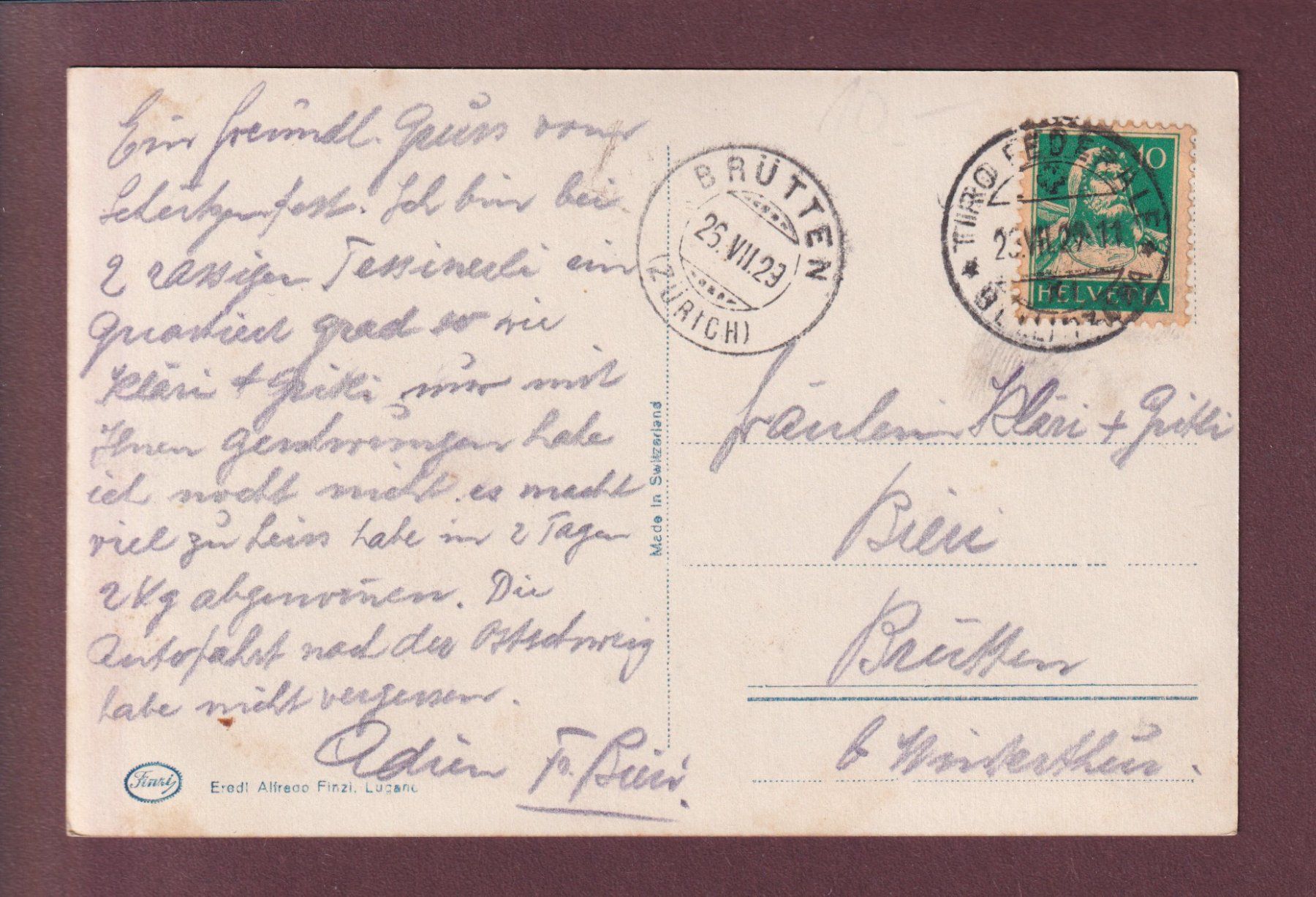 Cartoline postali: BELLINZONA - Stazione - 1929 – Usato da Pully venduto da nicecards 1