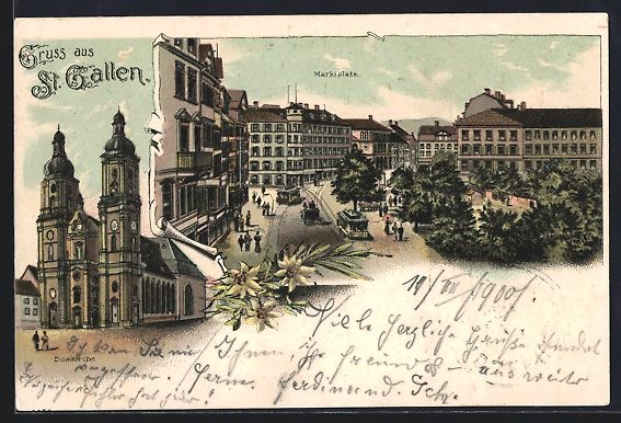 Ansichtskarten: Litho St. Gallen, Marktplatz mit Strasse – Gebraucht aus Berlin von bartko-reher