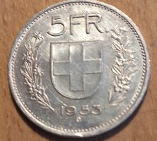 Schweizer 5 Fr Münze Jg1953 Silbermünze sehr guter Zustand