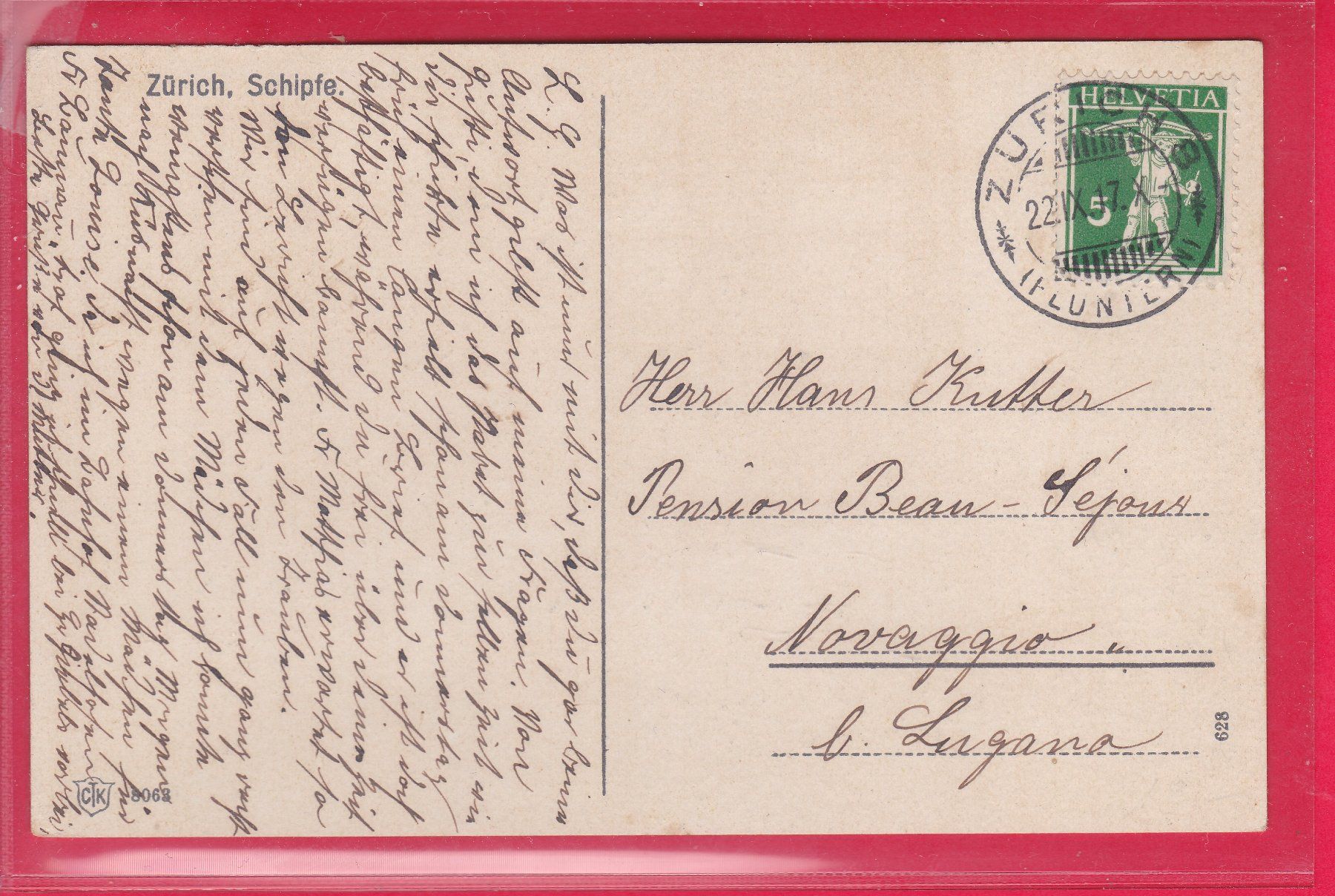Cartoline postali: ZÜRICH, SCHIPFE, 22.9.1917 – Usato da Oberrieden venduto da Gebirgsstelze 1
