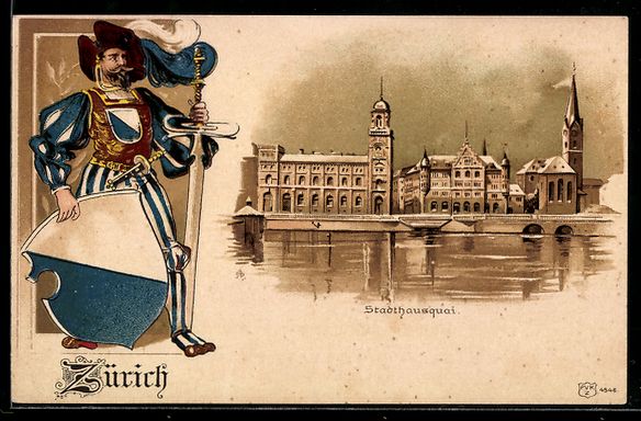 Cartoline postali: Litho Zürich, Stadthausquai, Ritter mit – Usato da Berlin venduto da bartko-reher