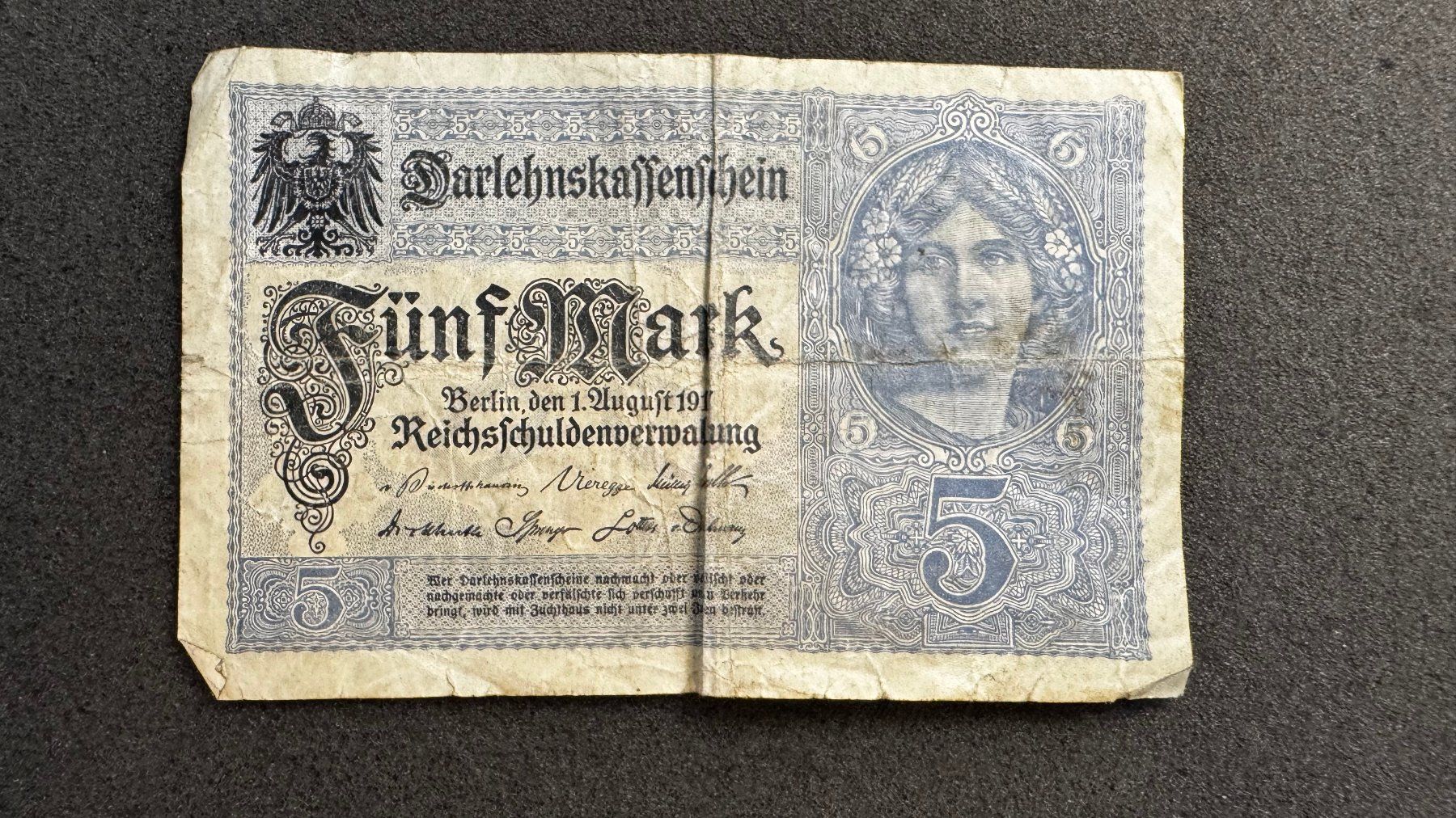 Banknoten: Banknote 5 Mark Deutschland 1917 – Gebraucht aus Reitnau von tb-muenzen