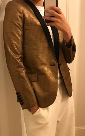 Saint Laurent Gold & Black Satin Peak Lapel Blazer