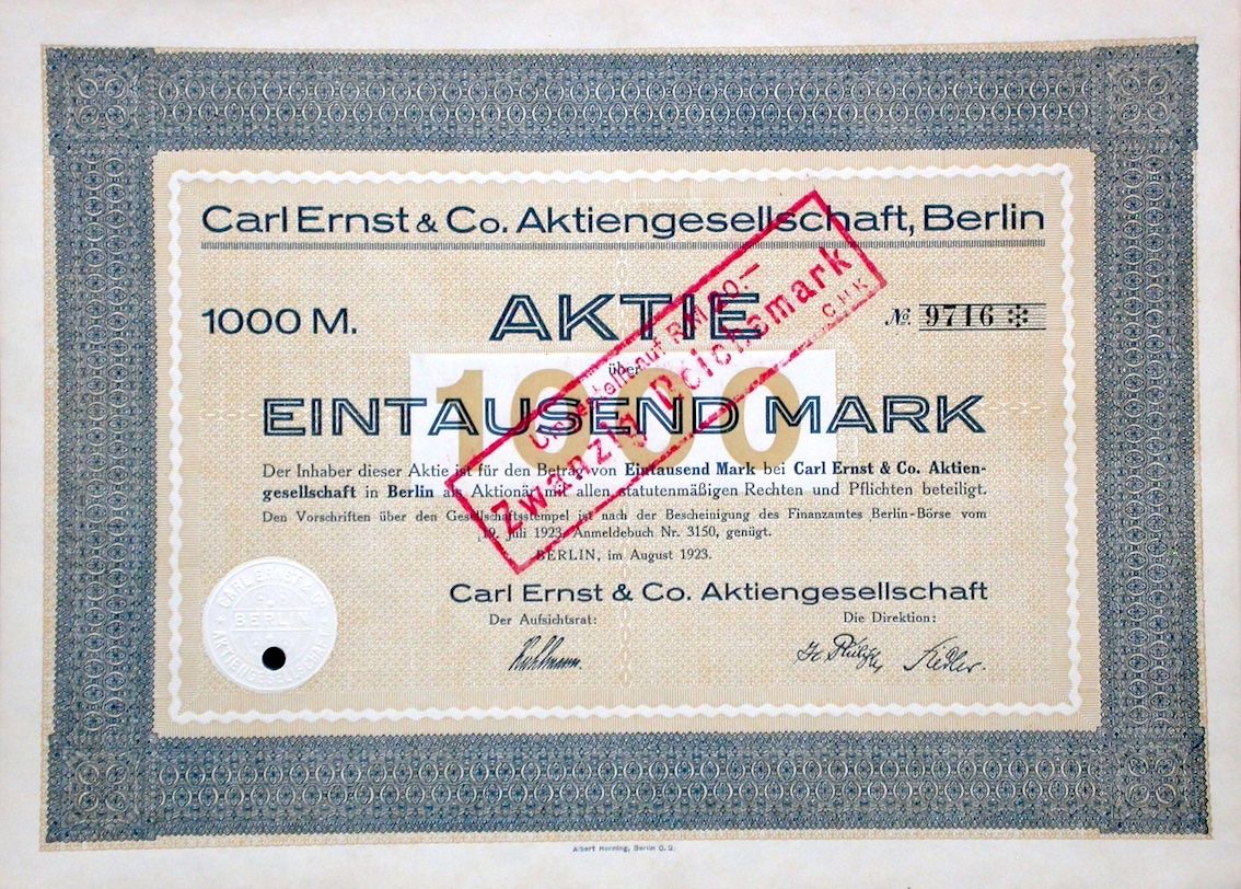 Dokumente: Carl Ernst & Co. AG, Berlin - 1923 – Gebraucht aus Solothurn von Sgasche