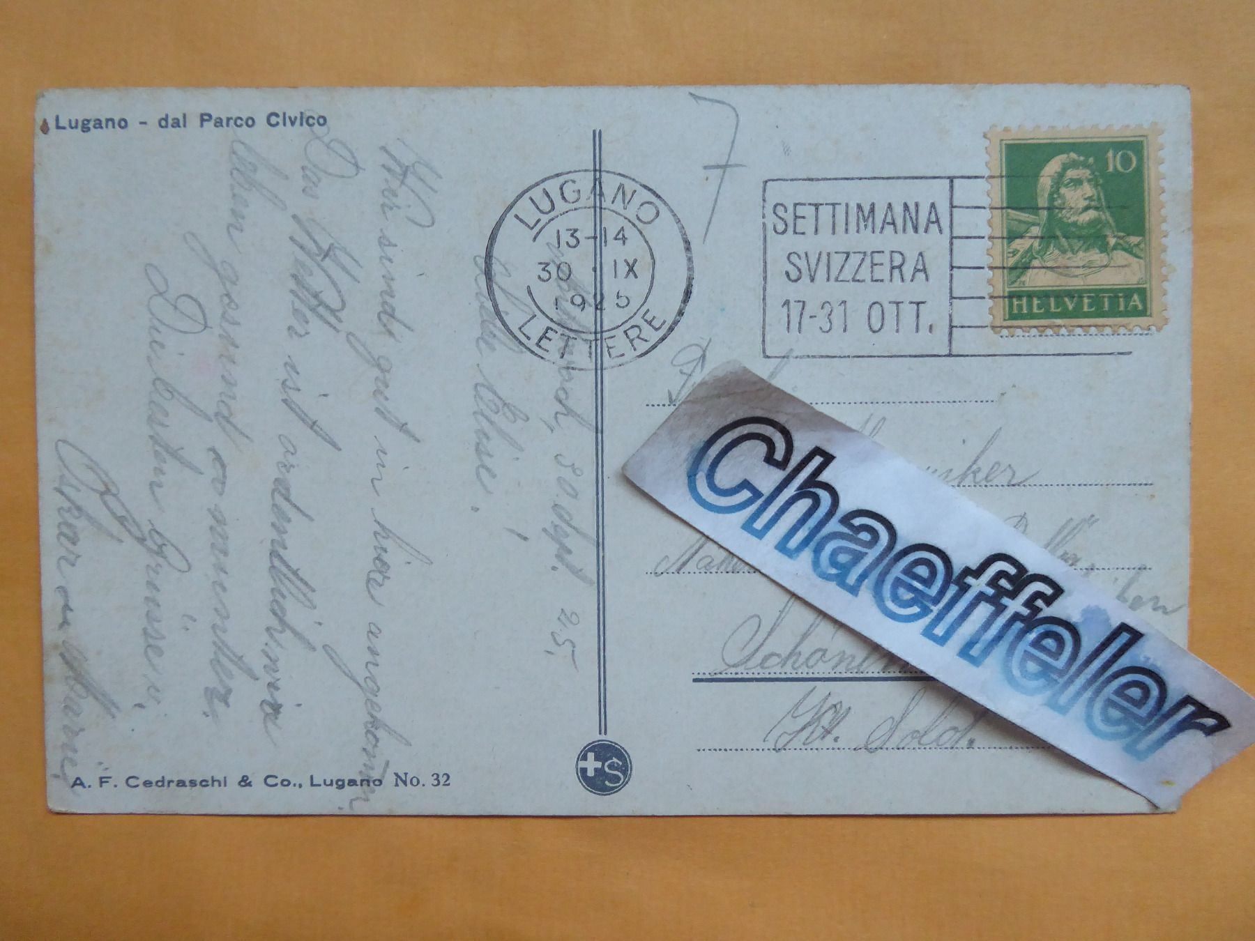 Cartoline postali: 1925  Lugano - dal Parco Civico – Usato da Zürich venduto da Chaeffeler 1